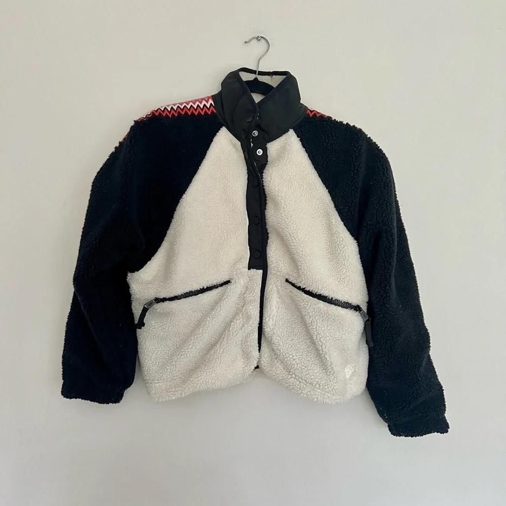 Free People Teddy Jacket in Cream, Black & Red with Zigzag Trim
